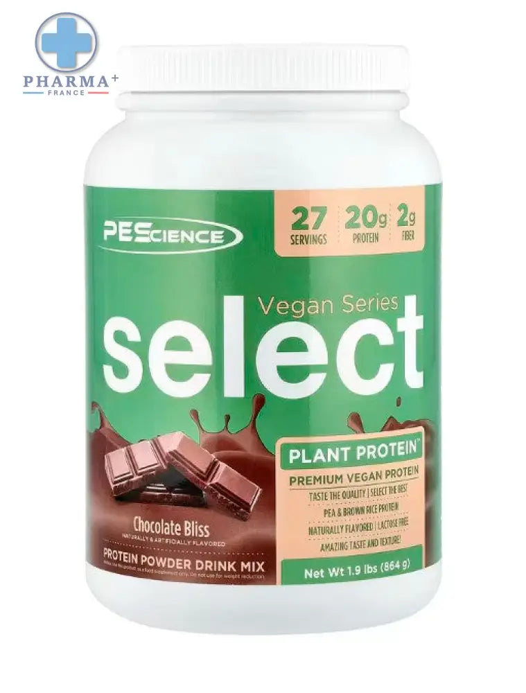 White plastic container of pescience select protéine vegan chocolate bliss plant protein powder drink mix