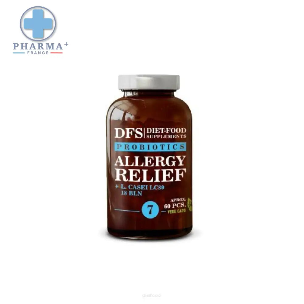 Bouteille en verre brun pharma france probiotique allergy relief avec 60 capsules végétales pour bonne santé et microflore intestinale