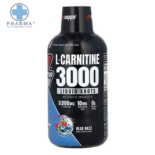 Bouteille noire en plastique de prosupps complément sportif l-carnitine blue razz 3000 mg 473 ml liquide