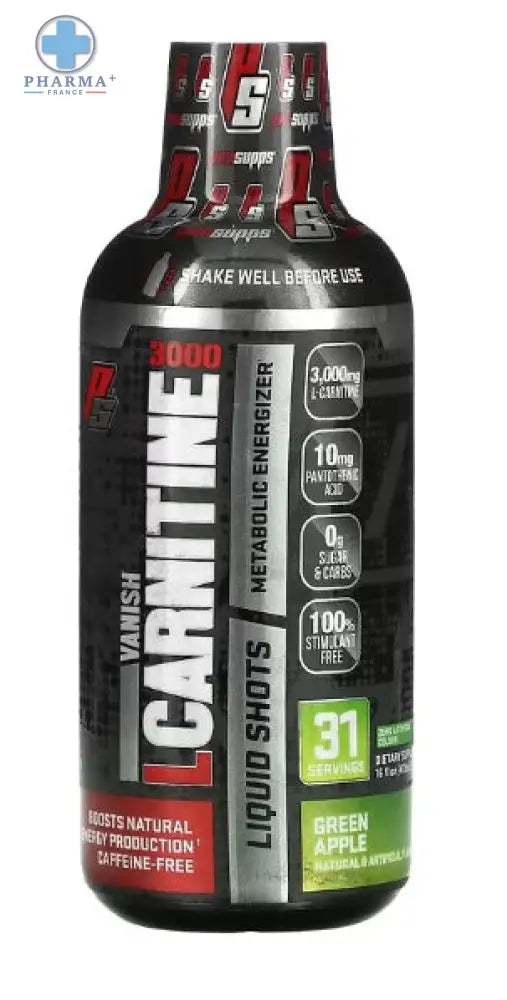 Bouteille noire et rouge de prosupps l-carnitine complément sportif l-carnitine énergie saveur green apple 473 ml