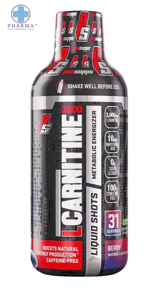 Bouteille noire et rouge de complément sportif l-carnitine prosupps avec finition brillante et lettrage blanc en gras