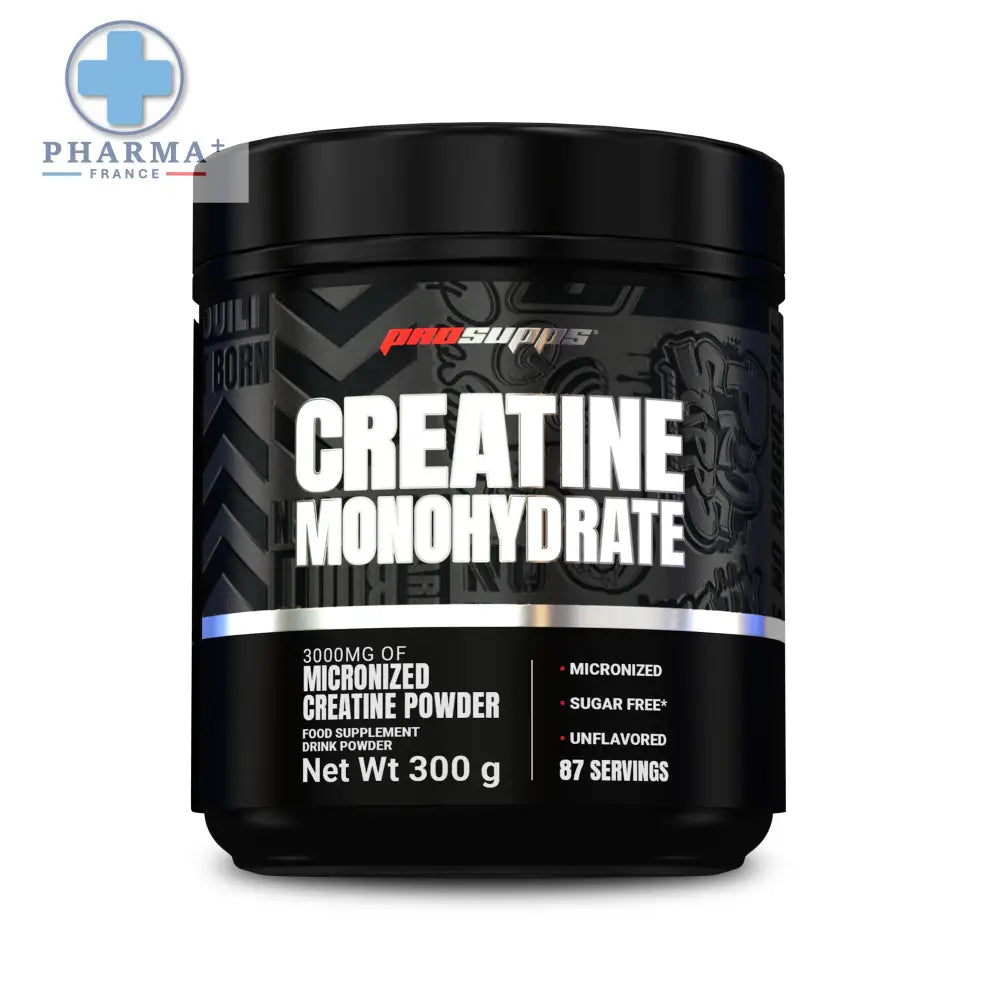 Black cylindrique container de prosupps créatine monohydrate poudre performance 300 g avec finition brillante et lettrage blanc