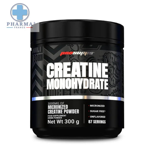 Black cylindrique container de prosupps créatine monohydrate poudre performance 300 g avec finition brillante et lettrage blanc