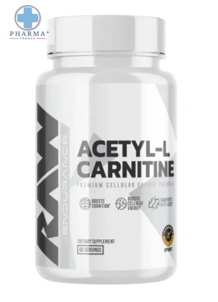 Bouteille en plastique blanc avec bouchon argenté et logo noir de raw nutrition acetyl l carnitine complément performance 120 g