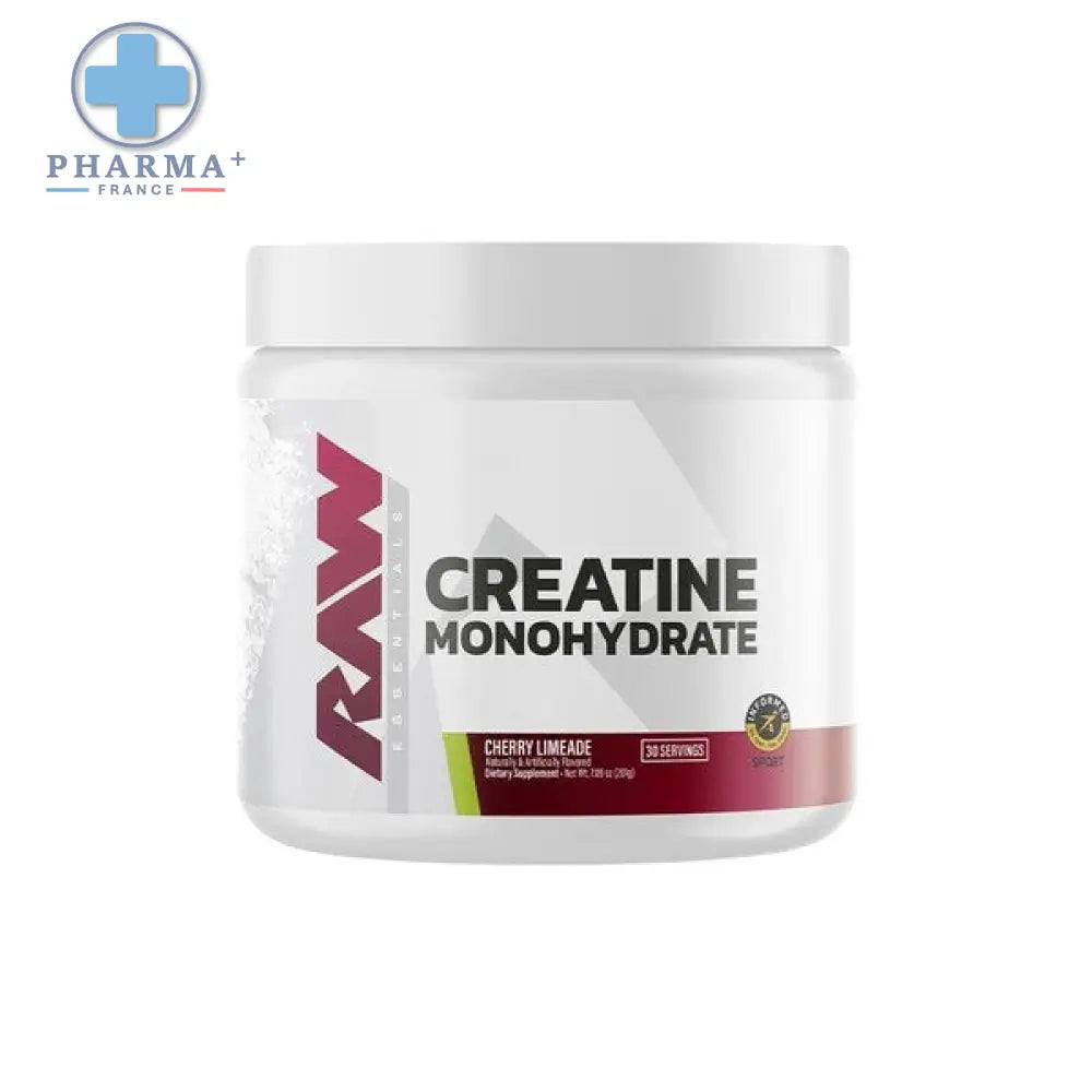 White plastic container with white lid labeled raw nutrition créatine complément performance 450 g in maroon and black text