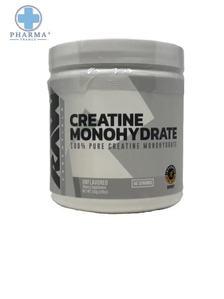 Contenant cylindrique gris de créatine monohydrate raw nutrition cbum performance poudre 500 g avec étiquette noire et blanche