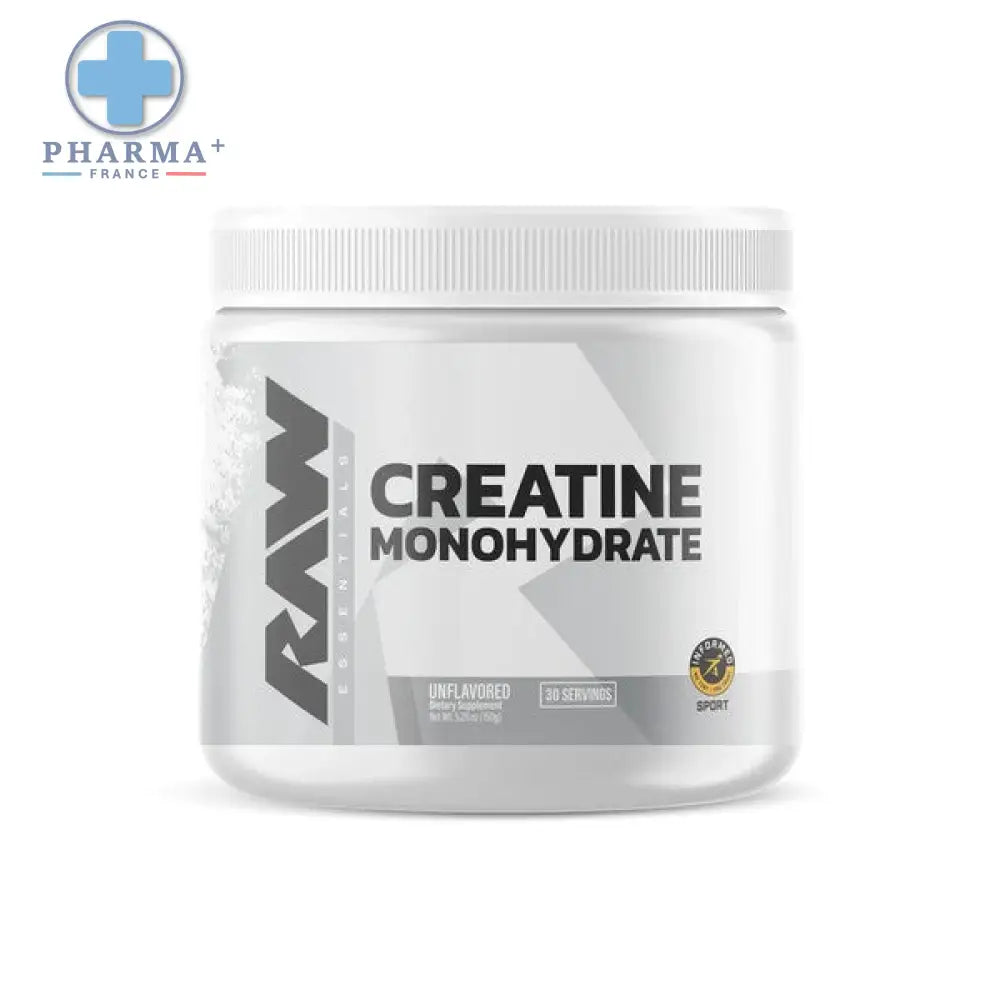 Conteneur blanc en plastique de raw nutrition créatine monohydrate poudre non aromatisée 454 g avec étiquette grise géométrique