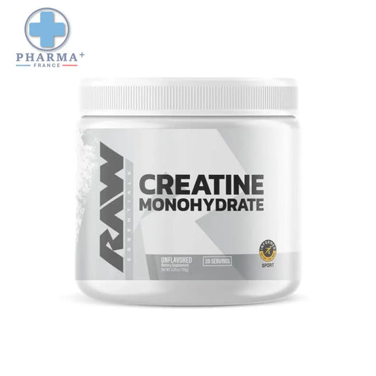 Conteneur blanc en plastique de raw nutrition créatine monohydrate poudre non aromatisée 454 g avec étiquette grise géométrique