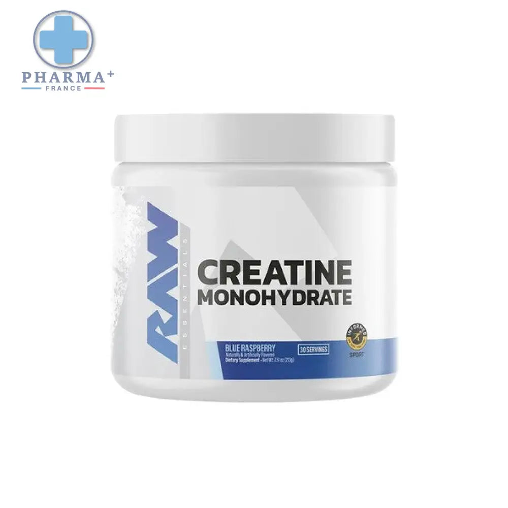White plastic container with white lid labeled raw nutrition créatine monohydrate pure 150 g for blue raspberry use