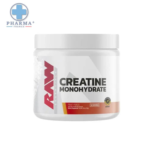 Conteneur blanc en plastique avec couvercle blanc et logo raw nutrition rouge et noir pour creatine monohydrate pure 500 g