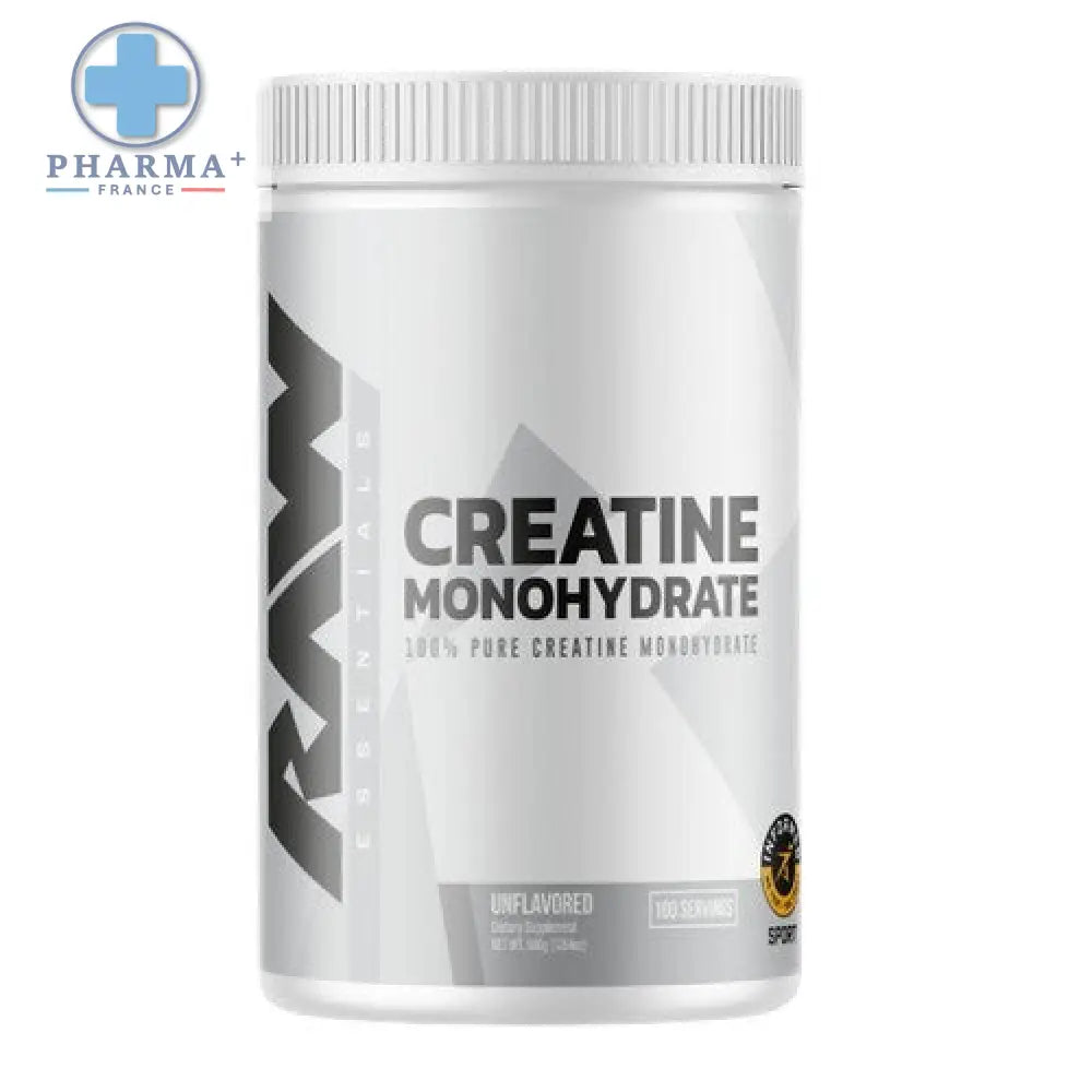 Conteneur cylindrique argenté de raw nutrition créatine monohydrate pure sans arôme 250 g 100 pour cent pur