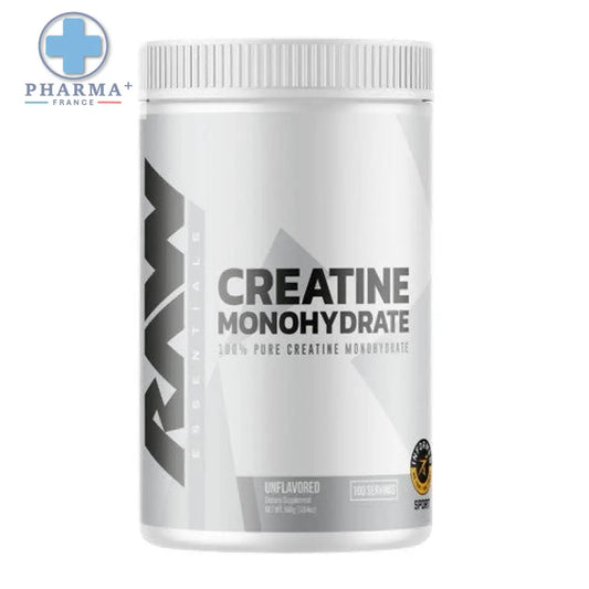 Conteneur cylindrique argenté de raw nutrition créatine monohydrate pure sans arôme 250 g 100 pour cent pur