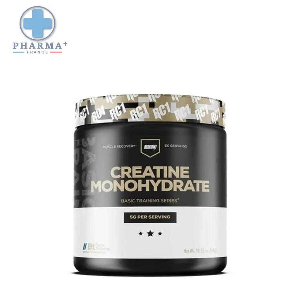 Black cylindrical container of redcon1 créatine monohydrate pure en poudre 300 g with camouflage lid and white label