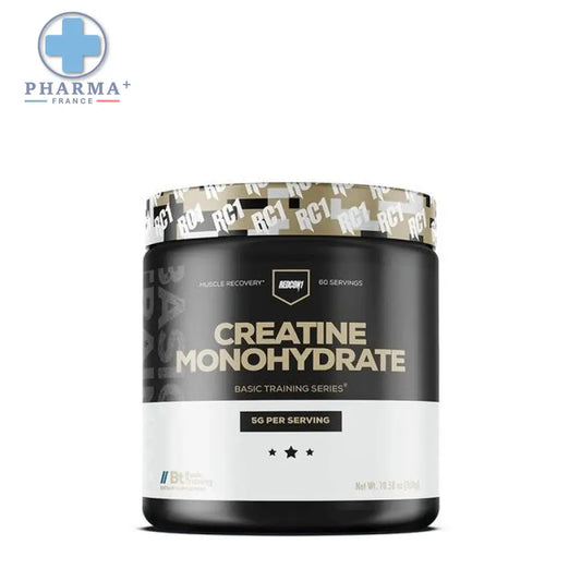 Black cylindrical container of redcon1 créatine monohydrate pure en poudre 300 g with camouflage lid and white label