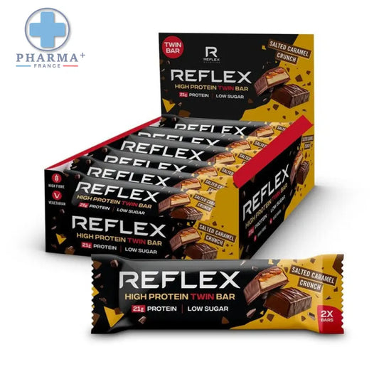 Reflex nutrition barre protéinée twin pack jaune et noir saveur salted caramel crunch 60 g