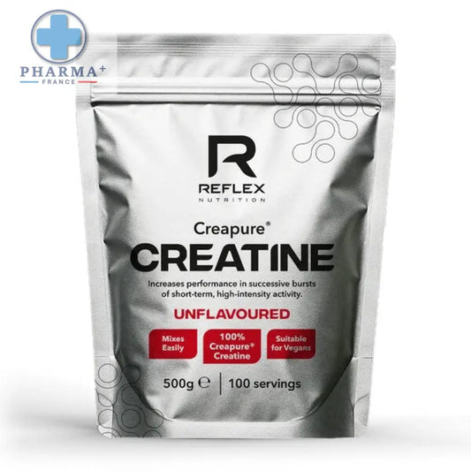 Pochette argentée de reflex nutrition creapure créatine monohydrate sans arôme 500 g pour 100 doses