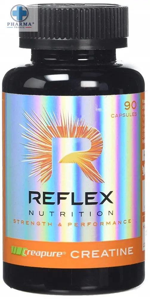 Bouteille noire reflex nutrition creapure créatine avec étiquette holographique et logo orange et argent r 500 g poudre