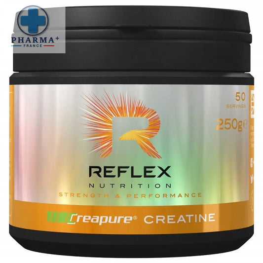 Un contenant noir élégant avec une étiquette irisée de reflex nutrition créatine monohydrate pure en poudre creapure