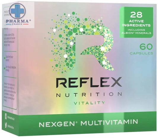 Boîte verte et blanche de reflex nutrition nexgen multivitamines sportives 60 gélules avec logo r stylisé en points verts