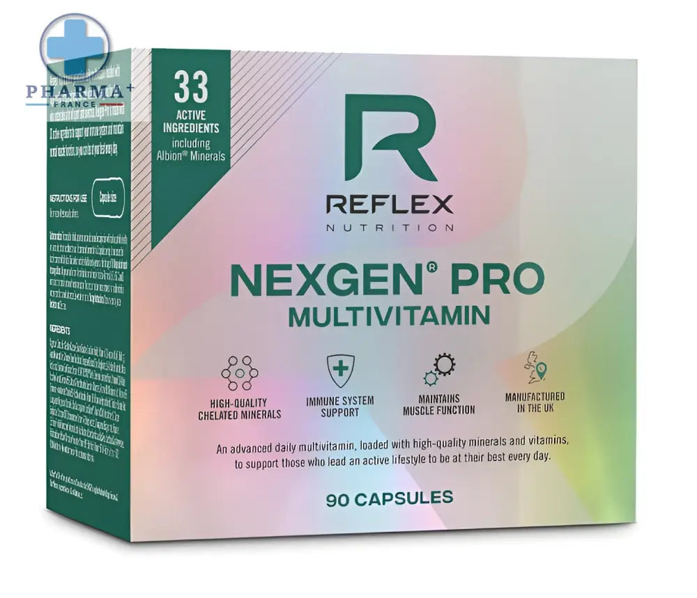 Boîte de 90 gélules reflex nutrition nexgen pro multivitamines avec design irisé vert et blanc élégant