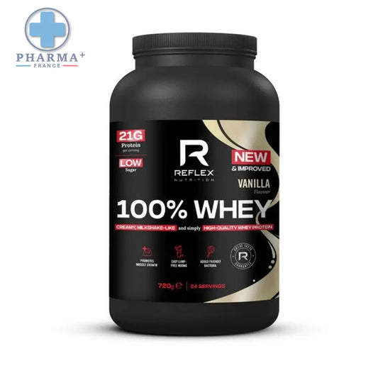 Boîte noire de reflex nutrition protéine 100% whey vanille poudre pour nutrition sportive protéinée découvrez