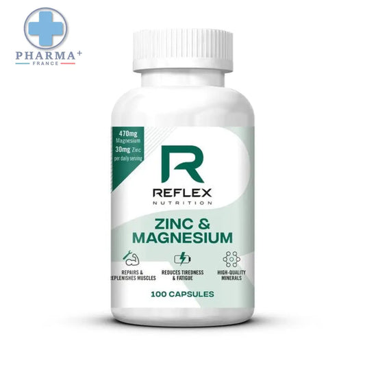 Bouteille en plastique blanche de reflex nutrition zinc et magnésium 470 mg avec étiquette verte et bouchon blanc