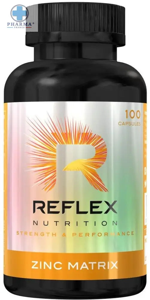 Bouteille noire reflex nutrition zinc matrix avec étiquette dégradée argent et orange 100 gélules complément minéral