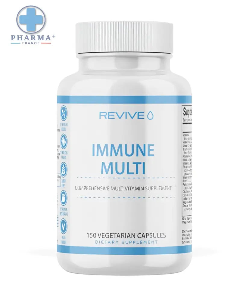 Bouteille plastique blanche avec capsule blanche et étiquette bleue claire revive multivitamin 150 gélules végétariennes complément alimentaire vitaminé