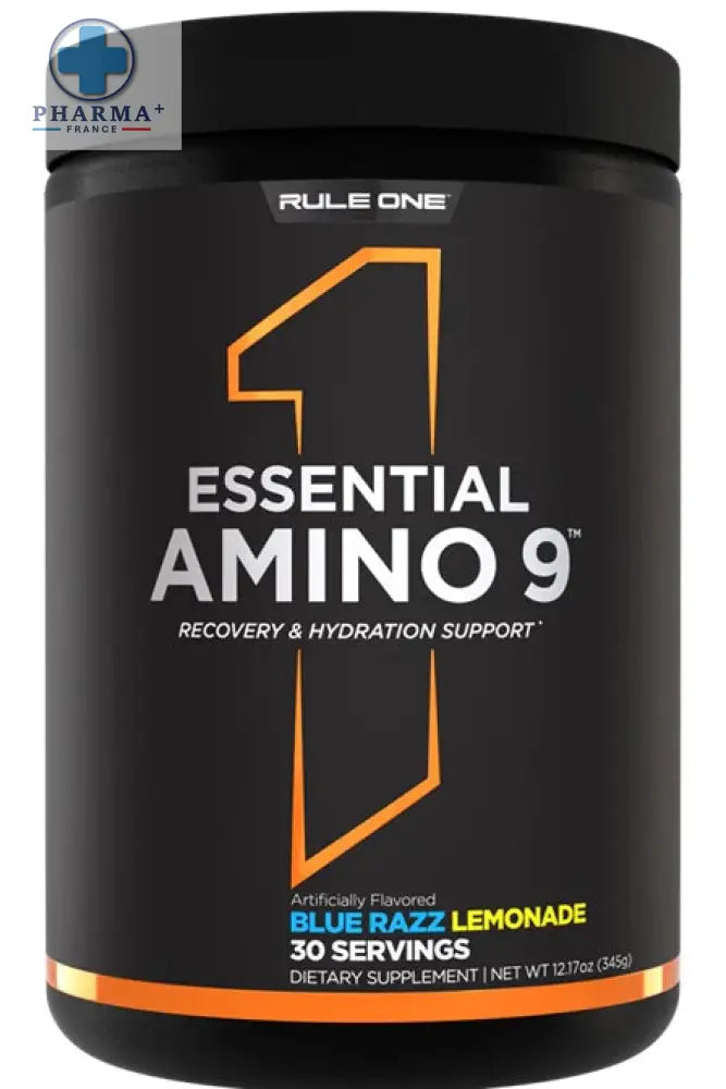 Contenant cylindrique noir avec étiquette orange et blanche du complément alimentaire rule one essential amino 9 saveur blue razz lemonade