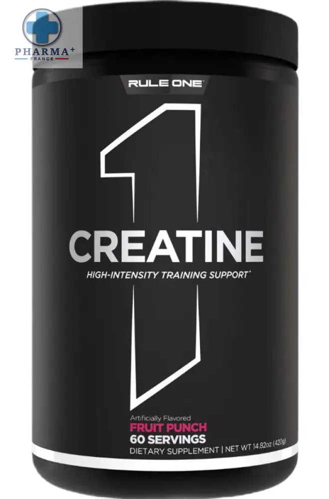 Black cylindrical container of rule one créatine fruit punch flavor with bold white 1 logo for performance supplement