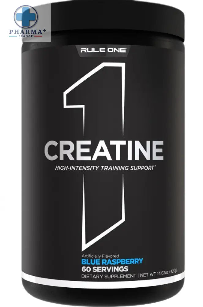 Contenant noir cylindrique de rule one créatine monohydrate saveur blue raspberry 60 portions supplément alimentaire