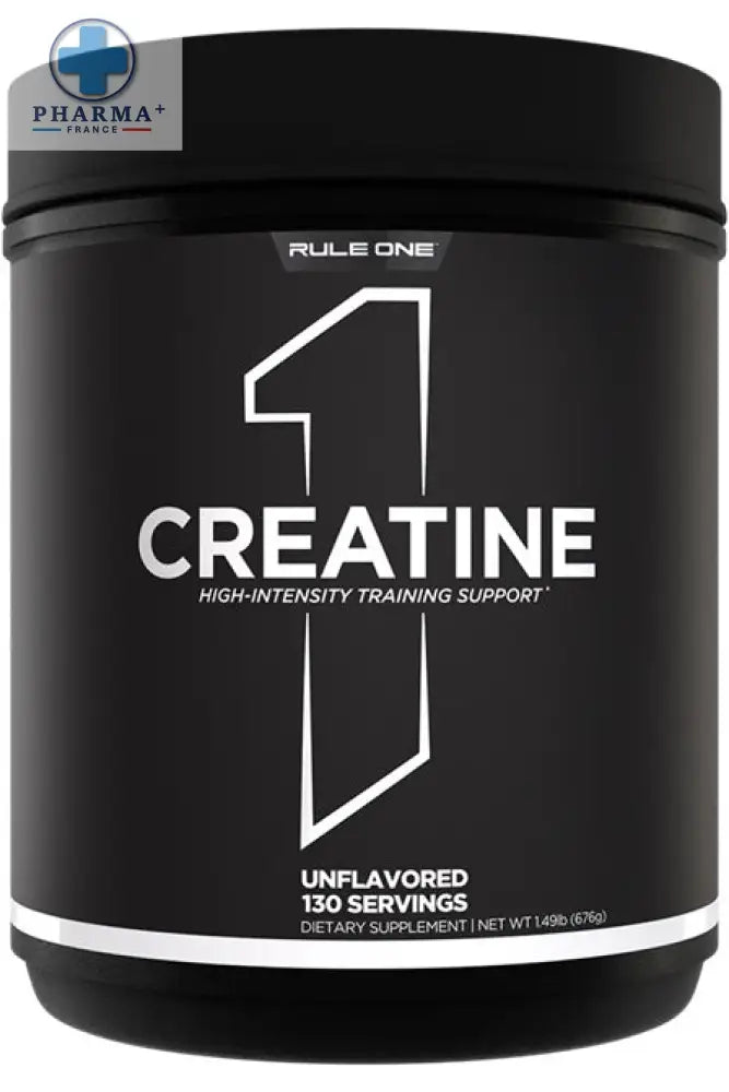 Conteneur cylindrique noir de rule one créatine monohydrate sans arôme avec 130 portions pour supplément alimentaire