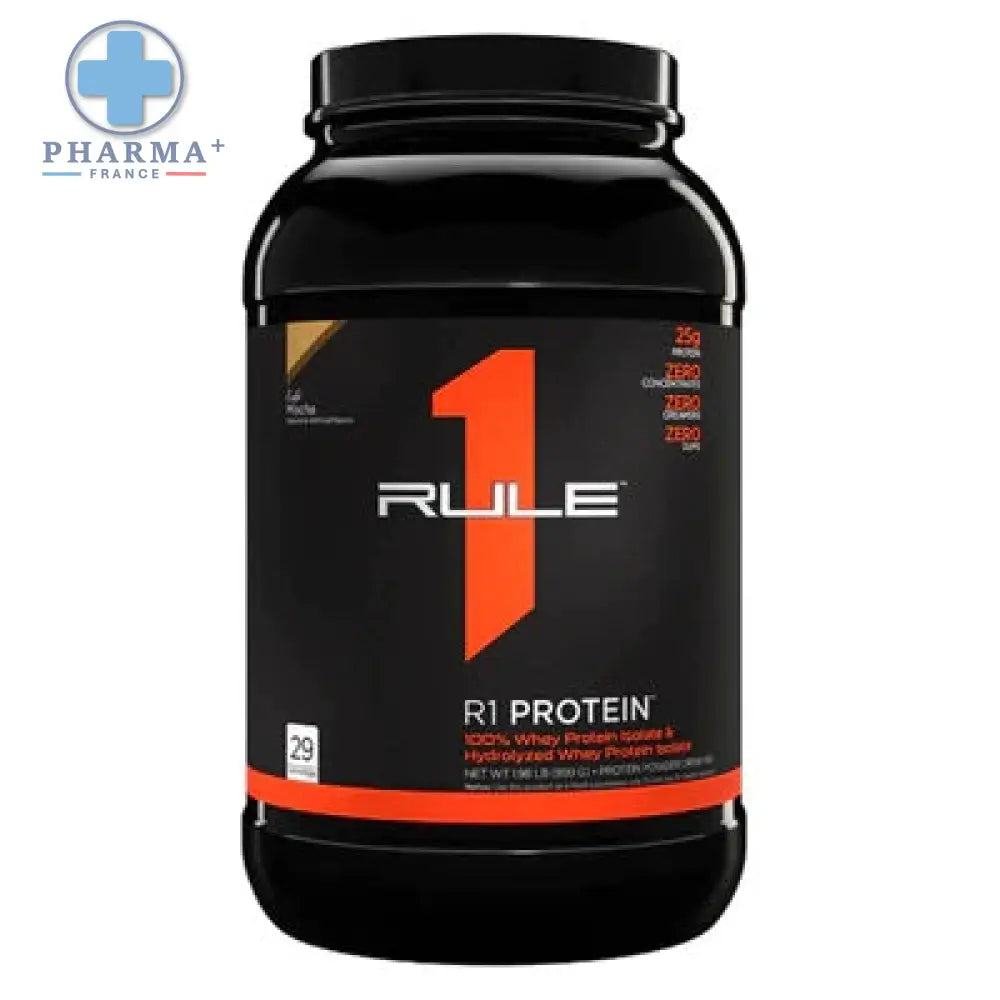 Conteneur noir en plastique de poudre musculaire rule one protéine r1 cafe mocha avec logo orange et bande rouge