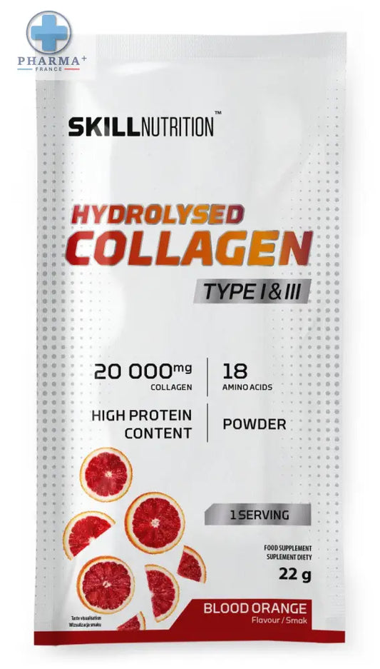 Skill nutrition hydrolysé collagène poudre arôme orange sanguine en sachet blanc et rouge pour nutrition hydrolysée