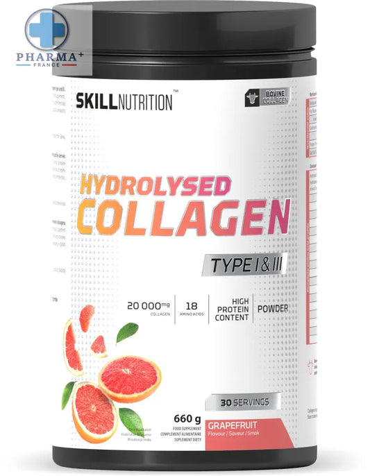 Skill nutrition hydrolysed collagen powder container in white and black with grapefruit flavor imagery