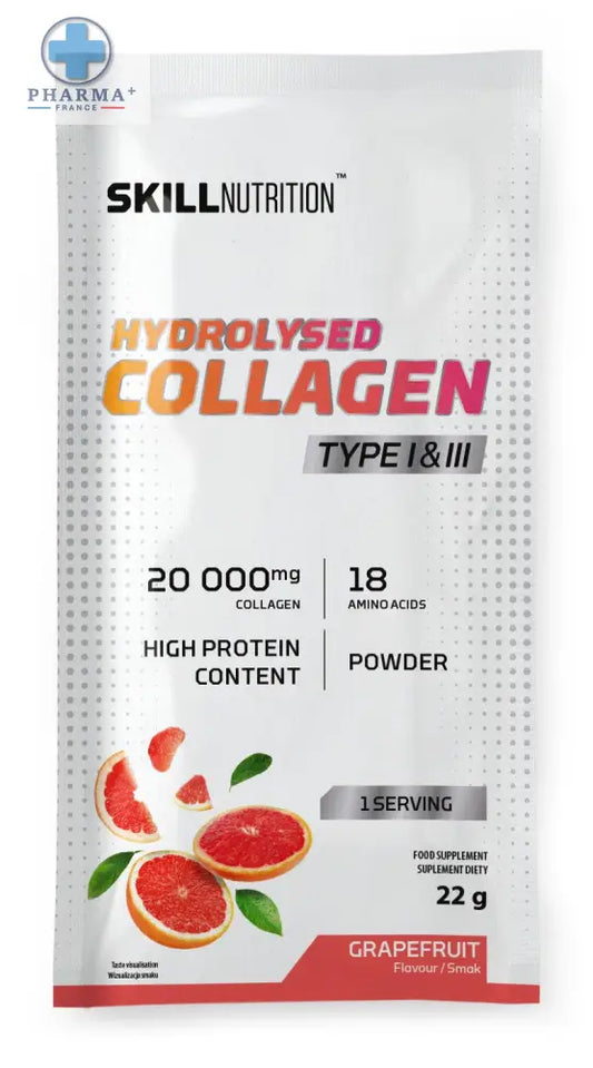 Skill nutrition hydrolysed collagène en poudre saveur pamplemousse dans un sachet blanc et rouge texturé