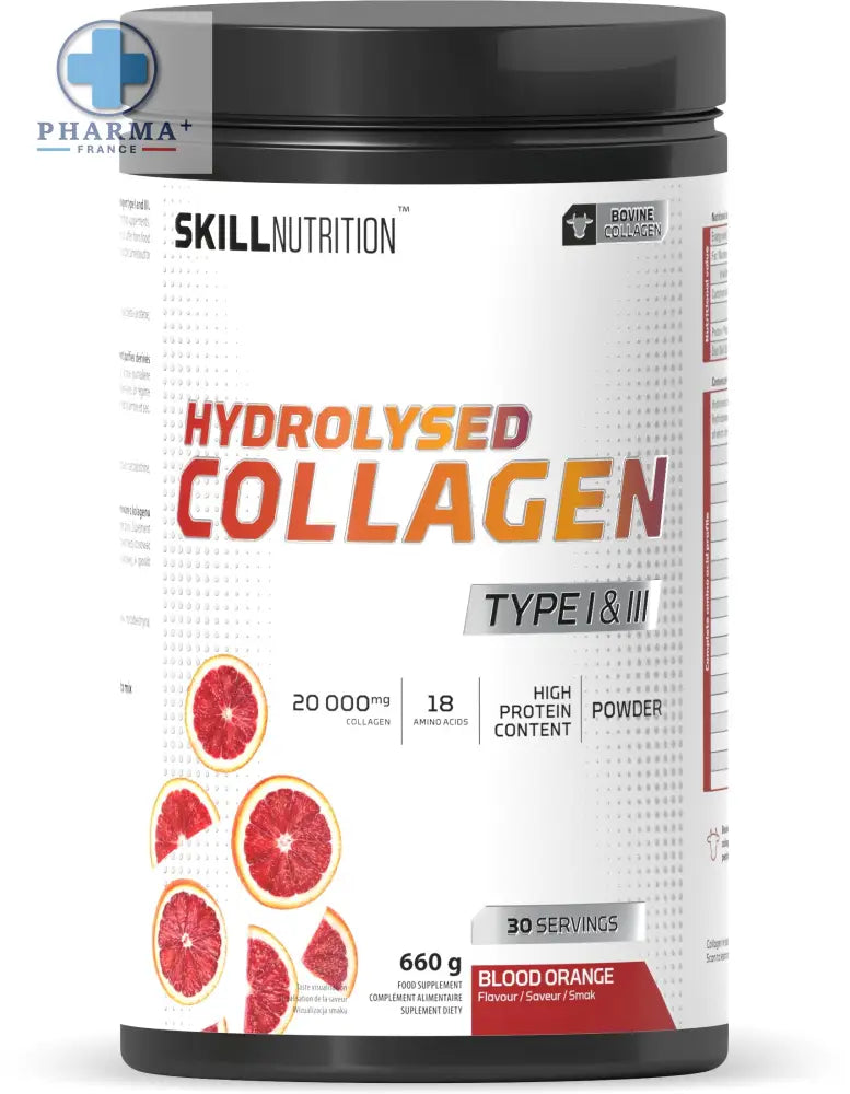 Skill nutrition hydrolysed collagène type i et iii poudre orange sanguine 400g en pot blanc et rouge avec couvercle noir
