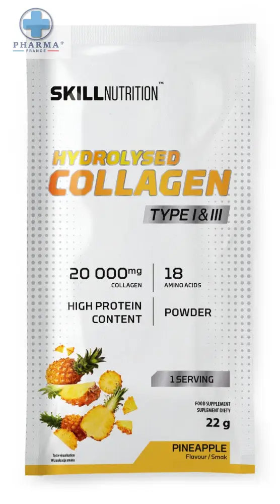 Poche blanche et jaune de skill nutrition hydrolysé collagène en poudre saveur ananas pour nutrition hydrolysée