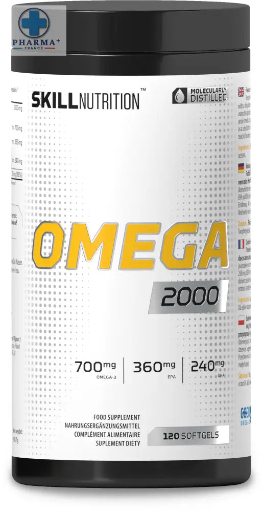 Conteneur skill nutrition omega 2000 avec capsule molles blanches, étiquette jaune et argent pour omega 3 700mg 36 capsules