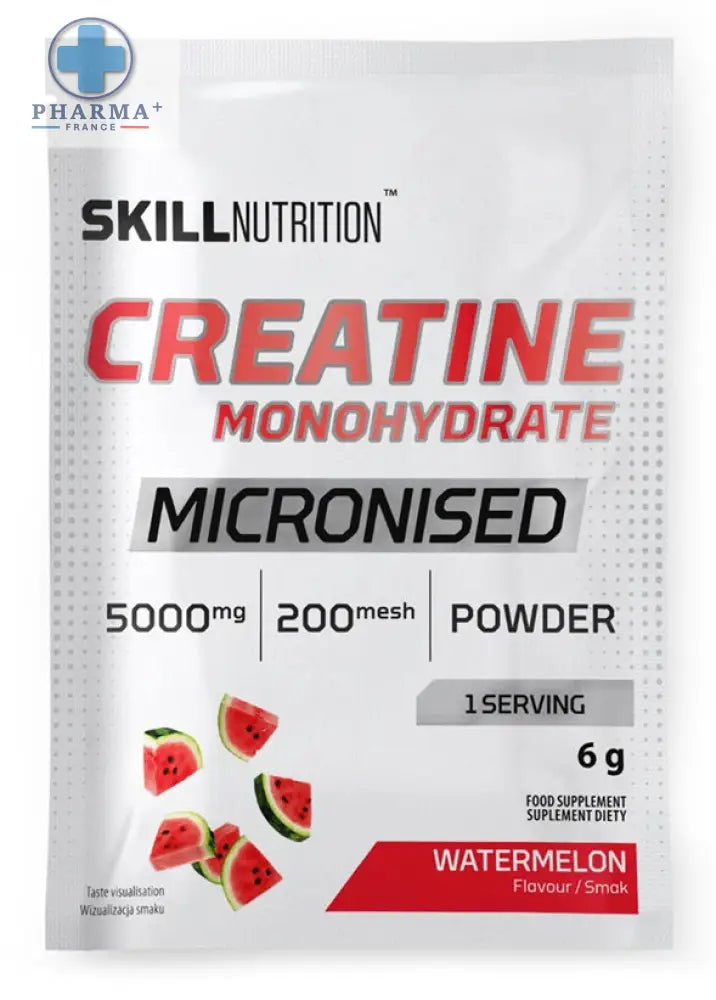 Skill Nutrition créatine micronisée pastèque en poudre 300 g en sachet blanc et rouge pour nutrition sportive