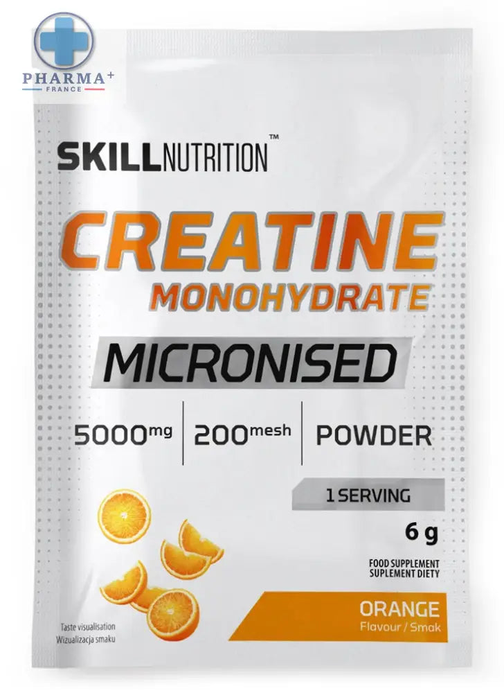 Skill nutrition créatine micronisée en poudre saveur orange dans une pochette blanche et orange