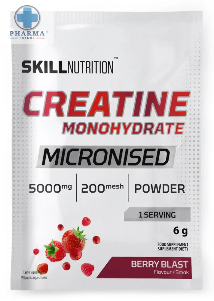 Skill nutrition créatine monohydrate micronisée berry blast en poudre dans un sachet blanc et rouge de 500 g