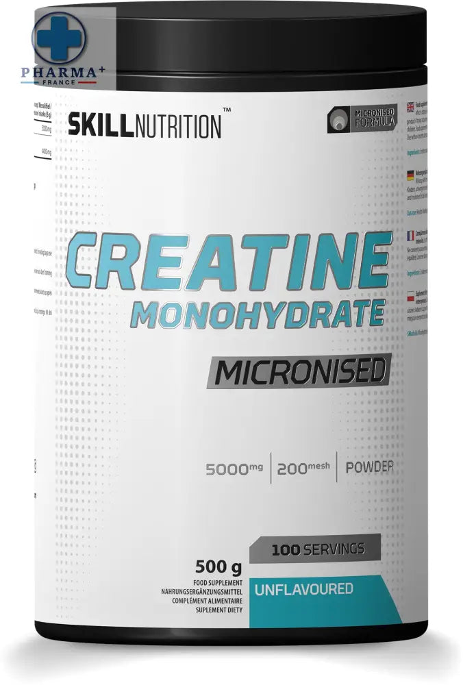 Skill nutrition créatine monohydrate micronisée en poudre en pot blanc noir avec lettrage teal pour nutrition micronised créatine