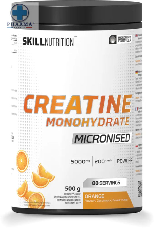 Skill nutrition créatine monohydrate micronisée en poudre en container blanc avec couvercle noir et étiquettes orange gris
