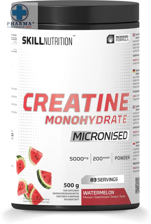 Skill nutrition créatine monohydrate micronisée 300 g pastèque en poudre dans un pot blanc avec couvercle noir