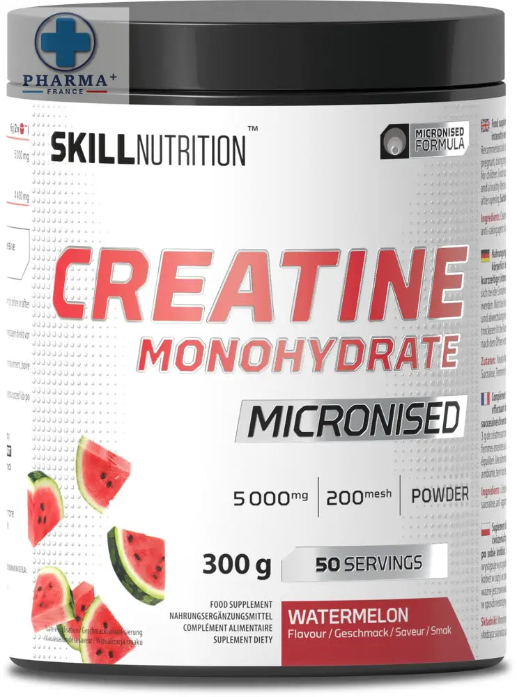 Skill nutrition micronised créatine monohydrate pastèque 300 g pot noir étiquette blanche texte rouge