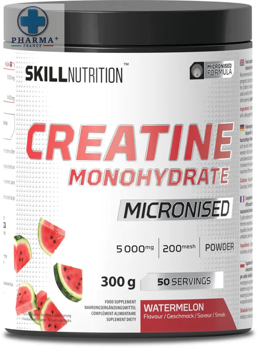 Skill nutrition micronised créatine monohydrate pastèque 300 g pot noir étiquette blanche texte rouge