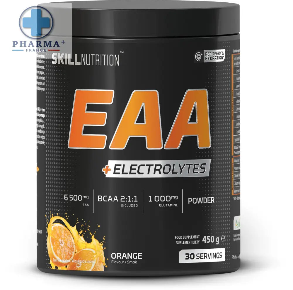 Black cylindrical container of skill nutrition eaa electrolytes powder in orange flavor with bold gradient letters and citrus graphic
