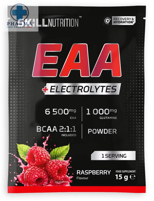 Skill nutrition eaa électrolytes poudre sachet noir et rouge saveur framboise pour nutrition eaa