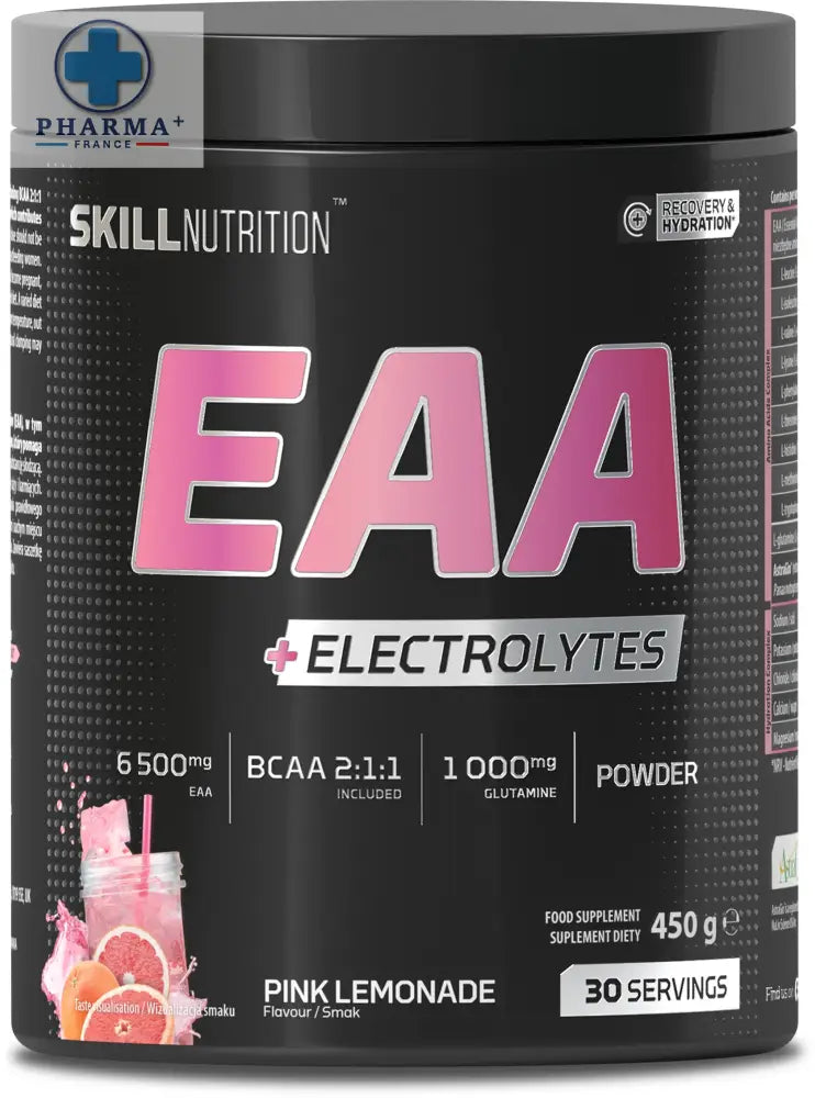 Contenant cylindrique noir de poudre skill nutrition eaa électrolytes saveur limonade rose 300 g